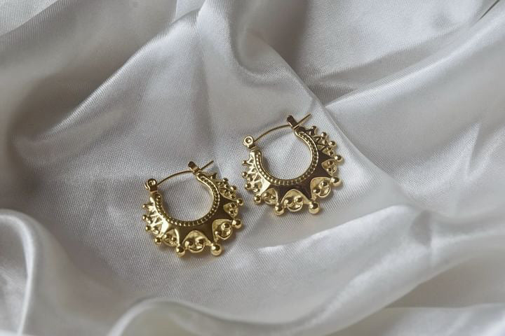 9ct Gold Ladies Gypsy Spike Hoop Victorian Creole Earrings Vermeil Rex Jewellers - Mini Crown