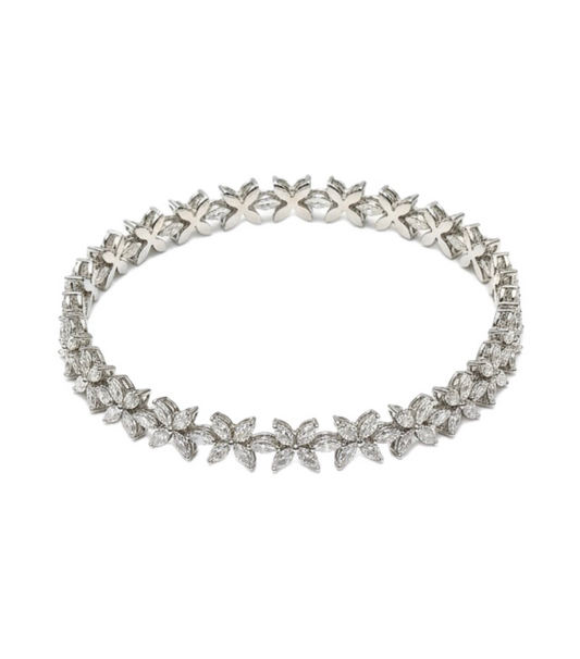 Floral Cluster Tennis Bracelet - 14k White Gold Silver Anniversary & Bridal Gift- Sprinkle