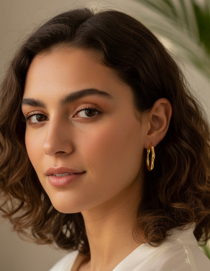 Wave Gold Huggie Hoop Earrings Womens 30mm
