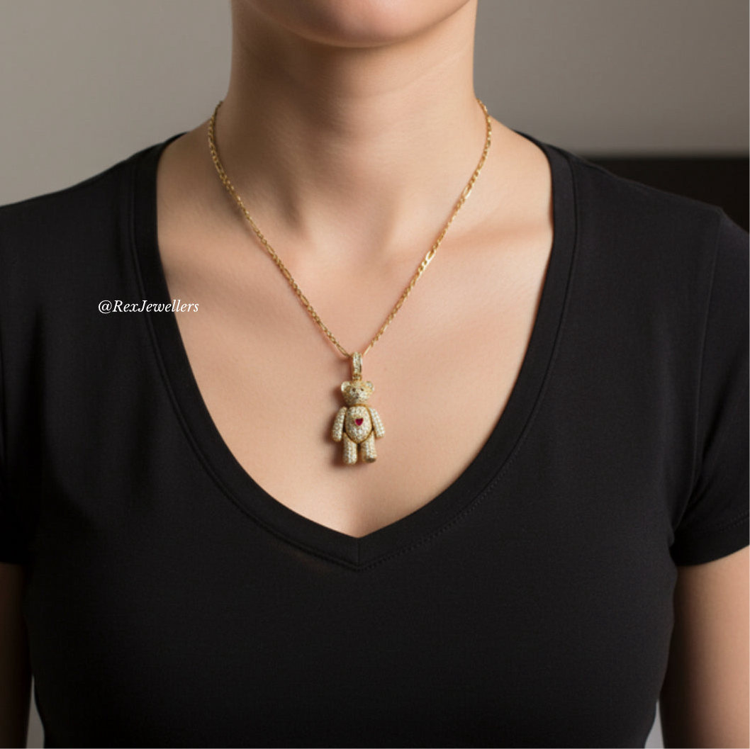 3D Teddy Bear Necklace - Gold Cuban Link Pendant Gift for Women - Bae
