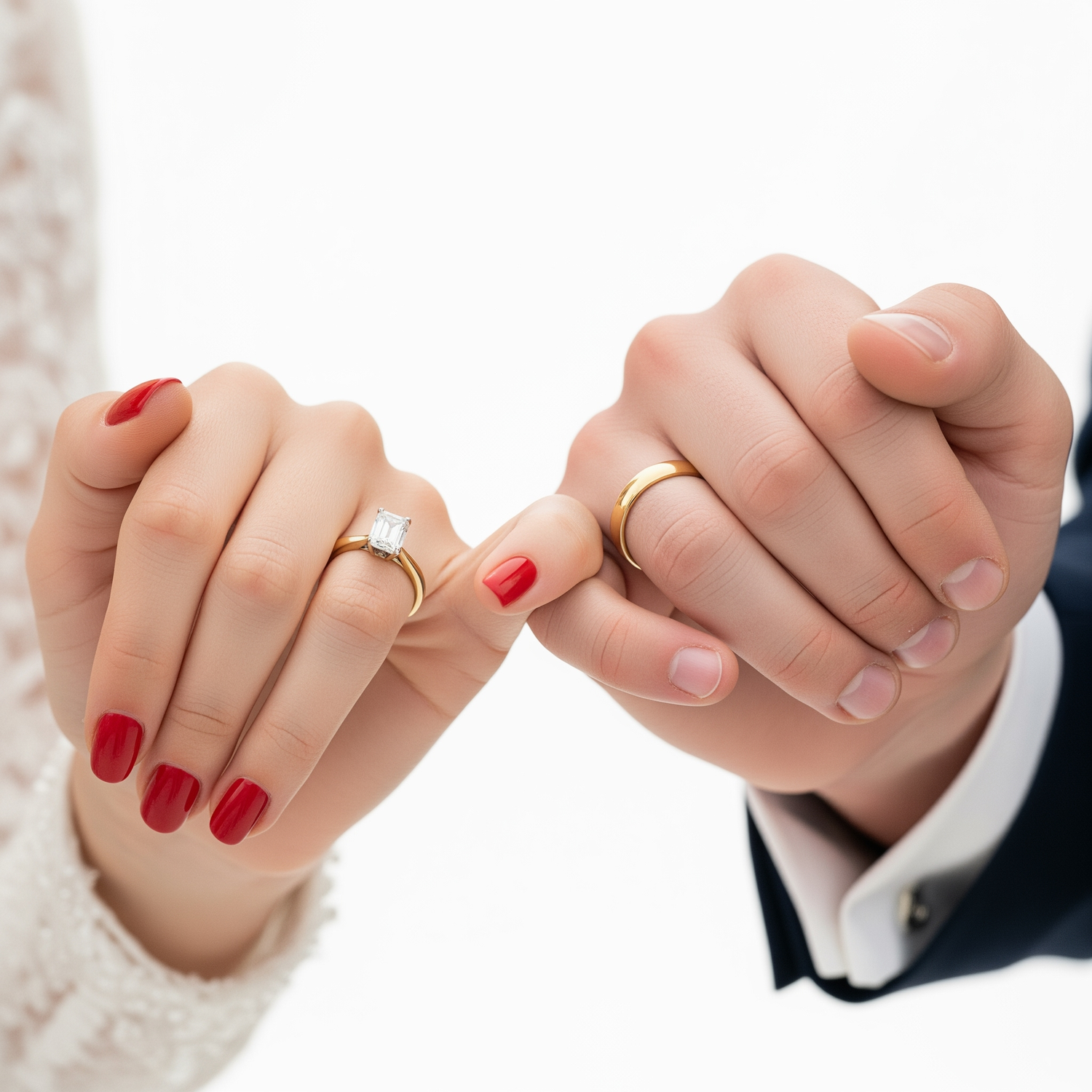 Two hands holding each other with diamond engagement ring and tungsten wedding rings on a white background