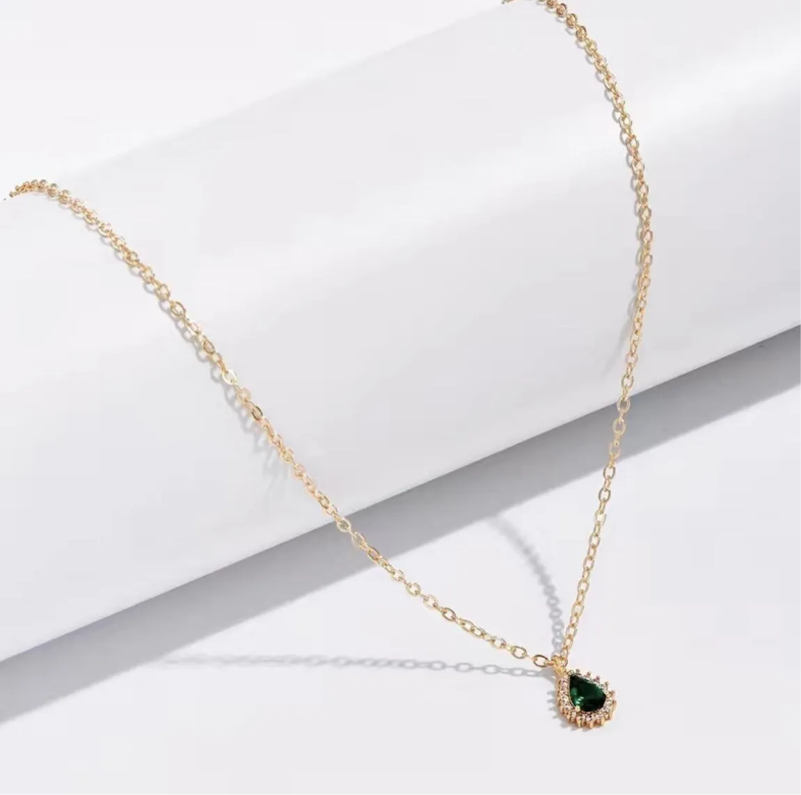 Pear Shape Emerald Necklace In Gold May Birthstone Gift - Lady