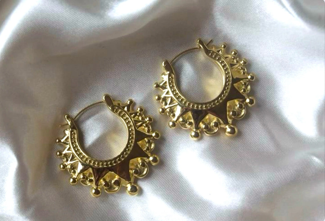 Ladies Gold Earrings 9ct Vermeil Gypsy Spike Hoop Creole Victorian Rex Jewellers- Crown