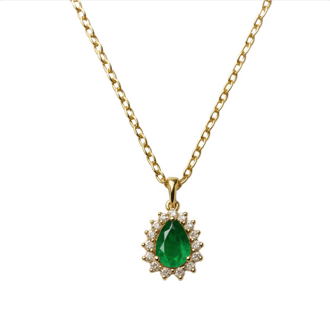 Pear Shape Emerald Necklace In Gold May Birthstone Gift - Lady