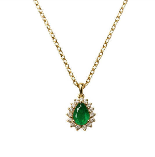 Pear Shape Emerald Necklace In Gold May Birthstone Gift - Lady