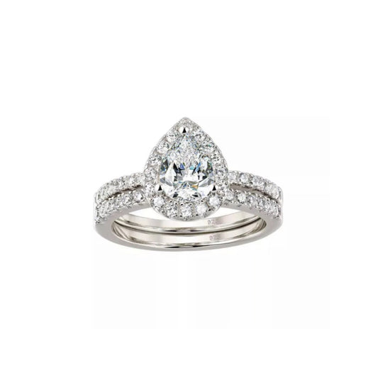 Pear Moissanite Halo Bridal Set - 2 Piece Engagement Ring Set - Royal