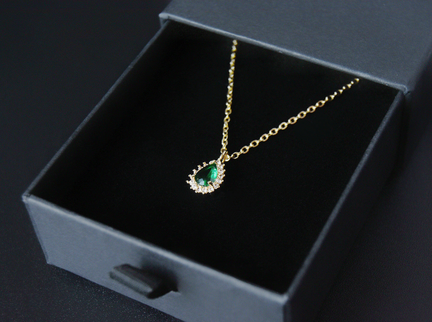 Pear Shape Emerald Necklace In Gold May Birthstone Gift - Lady