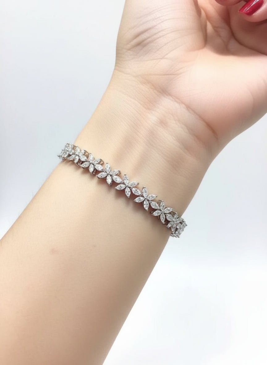 Floral Cluster Tennis Bracelet - 14k White Gold Silver Anniversary & Bridal Gift- Sprinkle