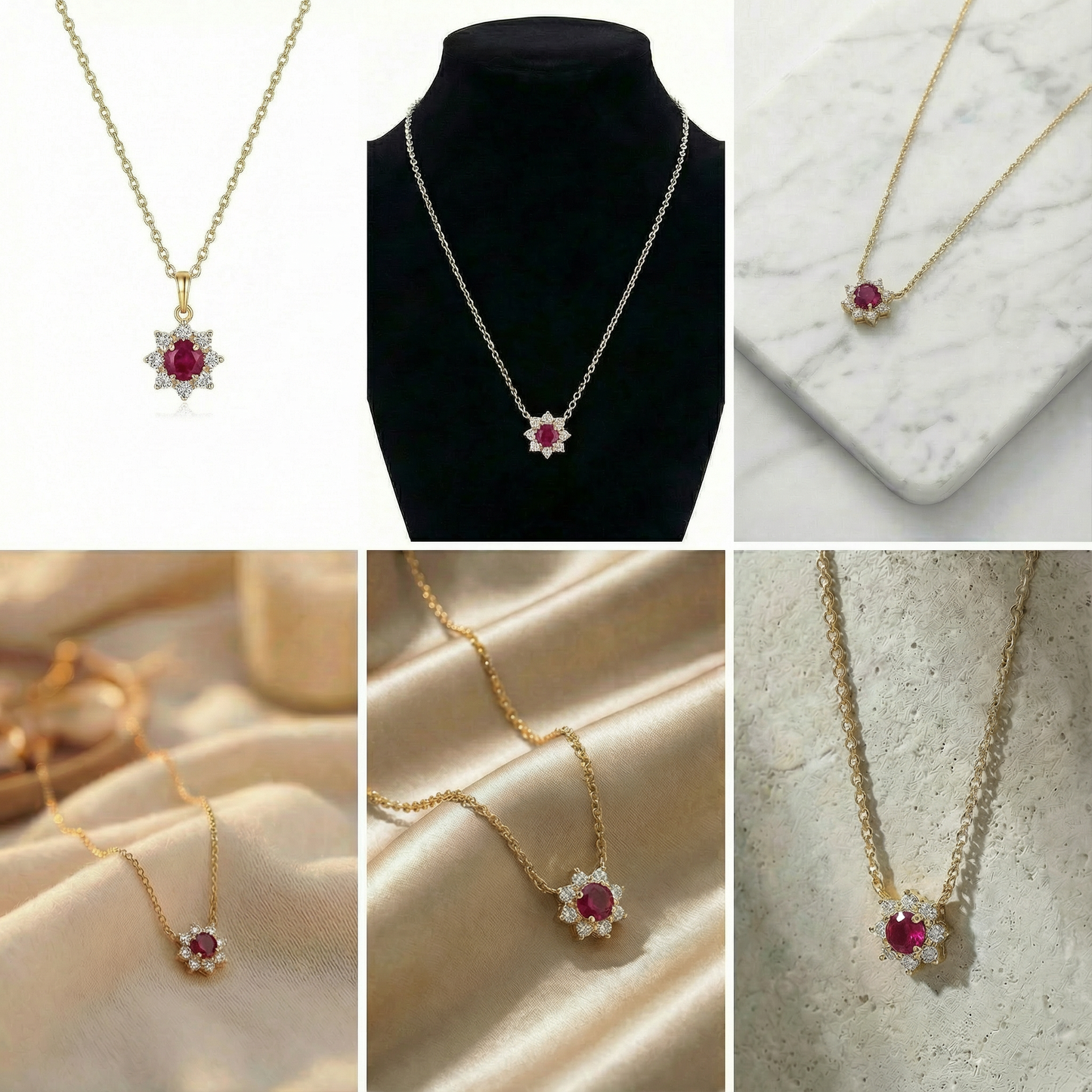 Ruby And Diamond Cluster Pendant Women’s Necklace