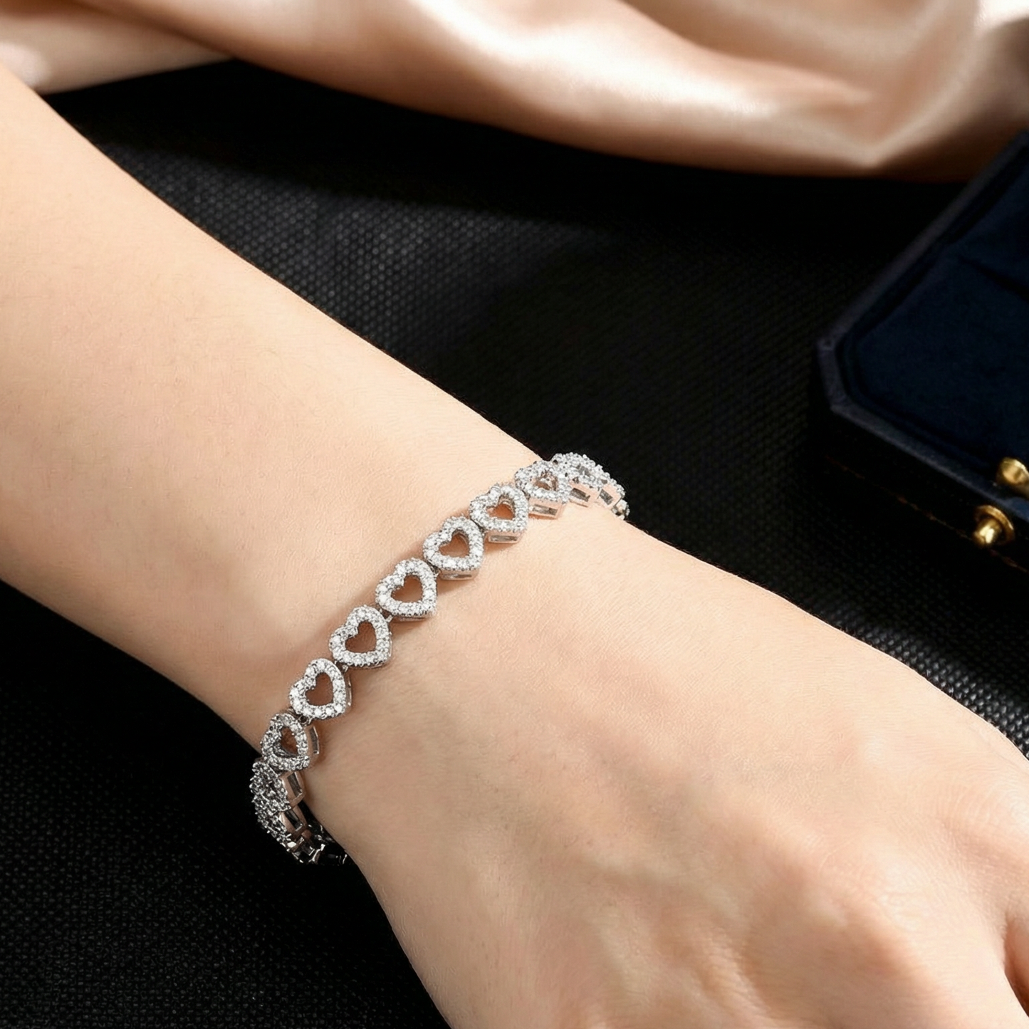 Heart Cluster Tennis Bracelet - 14k White Gold Silver Anniversary & Bridal Gift- Lover Girl