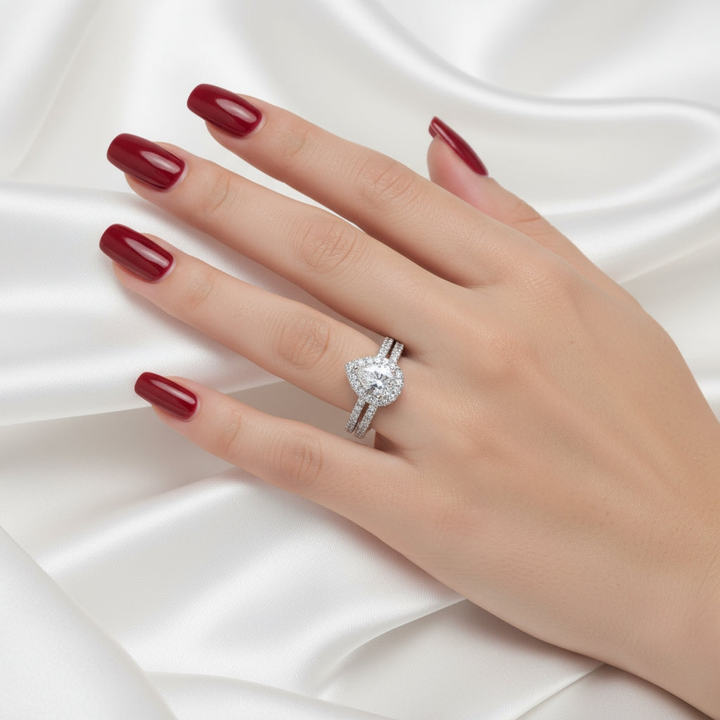 Pear Moissanite Halo Bridal Set - 2 Piece Engagement Ring Set - Royal