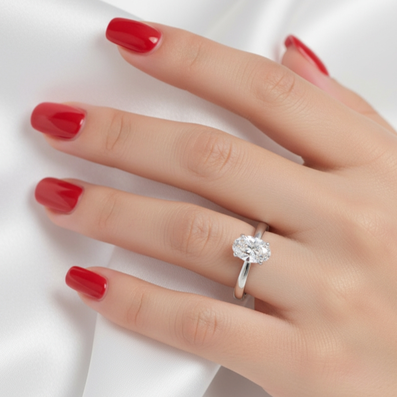 Oval Moissanite Solitaire Ring - 14k White Gold on Silver - Pearl Drops