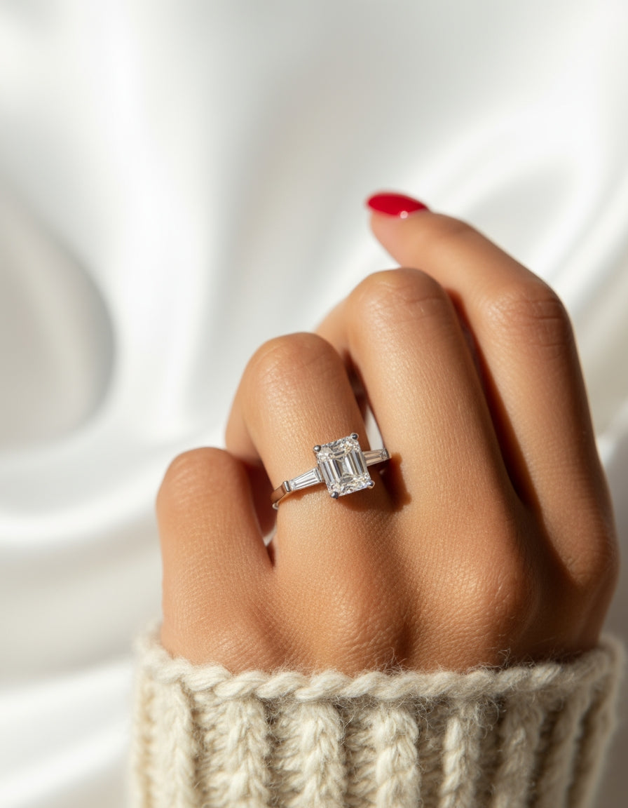 Princess Cut Shoulder Moissanite Ring - 14k White Gold on Silver