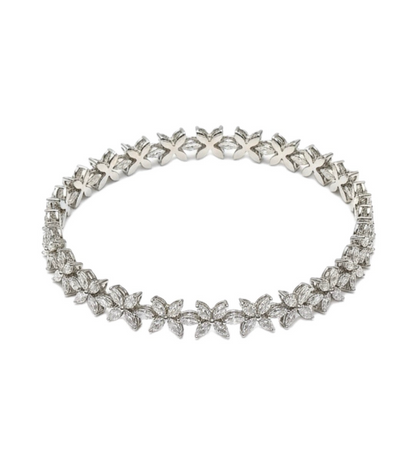 Floral Cluster Tennis Bracelet - 14k White Gold Silver Anniversary & Bridal Gift- Sprinkle