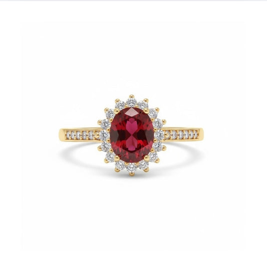 Ruby Cluster Oval Moissanite Diamond Ring - 14k Gold on Silver