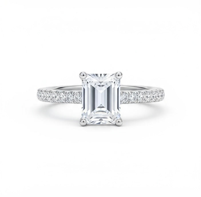 Radiant Cut Moissanite Diamond Shoulder Ring - 14k White Gold on Silver