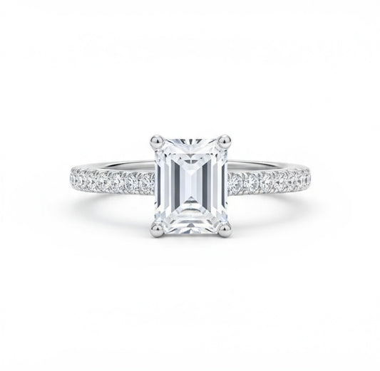 Radiant Cut Moissanite Diamond Shoulder Ring - 14k White Gold on Silver