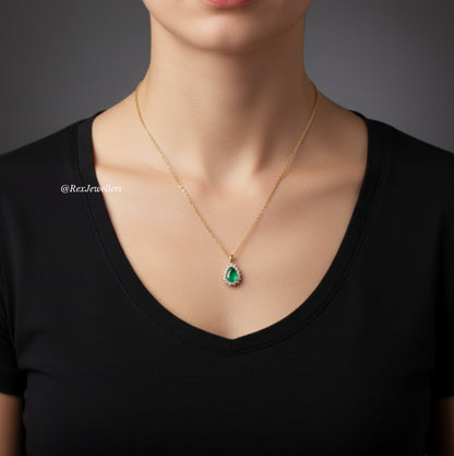 Pear Shape Emerald Necklace In Gold May Birthstone Gift - Lady