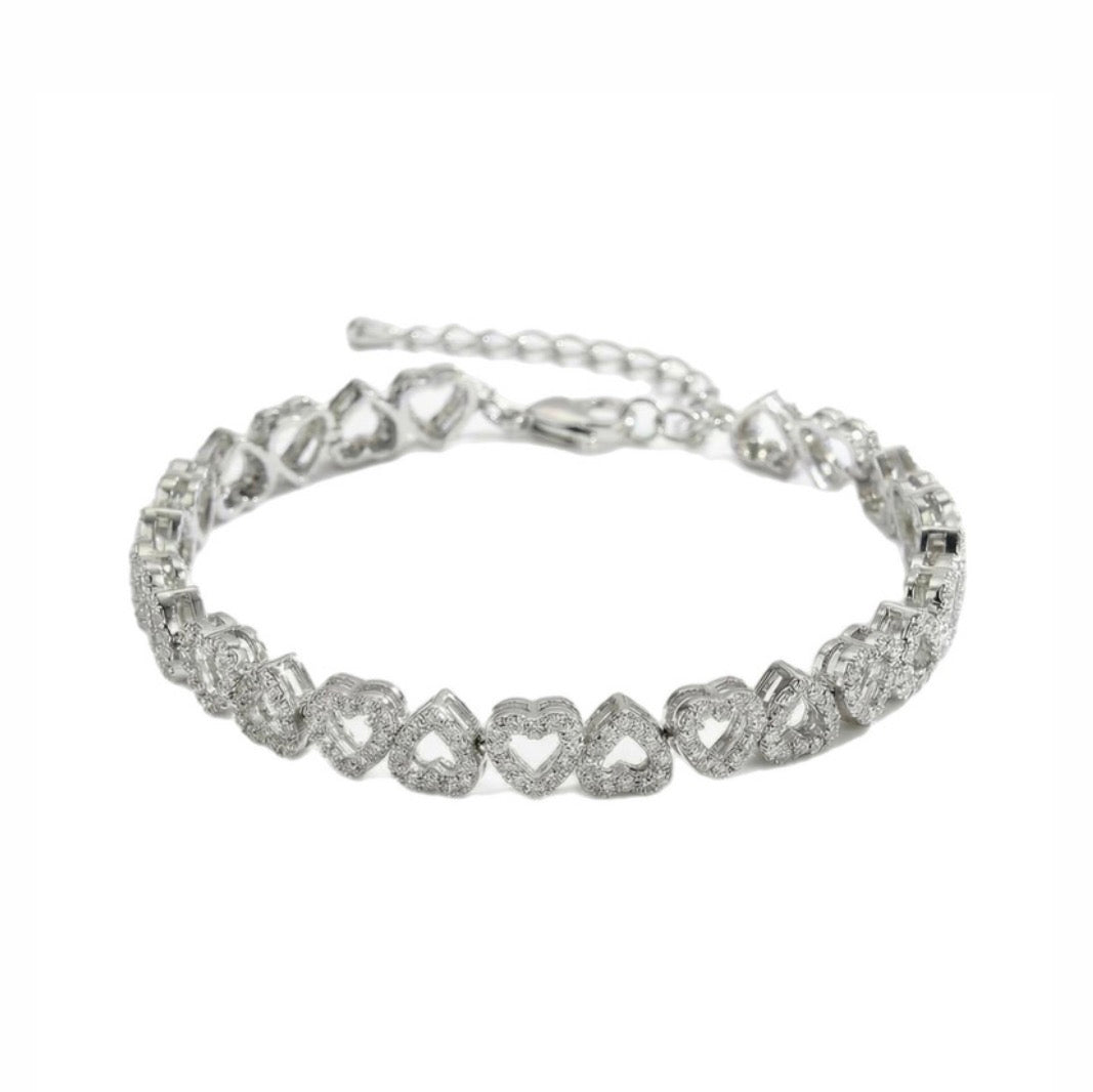 Heart Cluster Tennis Bracelet - 14k White Gold Silver Anniversary & Bridal Gift- Lover Girl