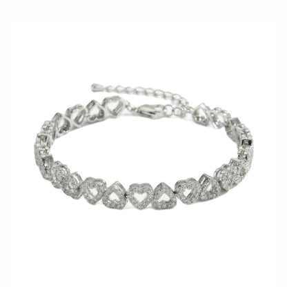 Heart Cluster Tennis Bracelet - 14k White Gold Silver Anniversary & Bridal Gift- Lover Girl