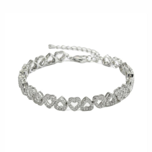 Heart Cluster Tennis Bracelet - 14k White Gold Silver Anniversary & Bridal Gift- Lover Girl