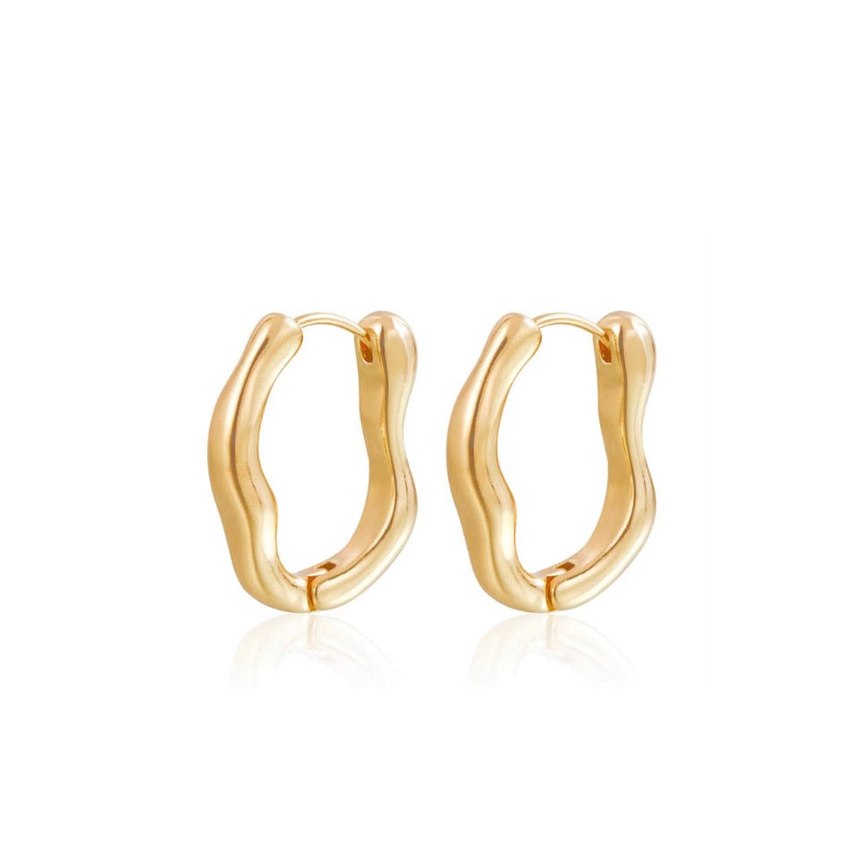 Wave Gold Huggie Hoop Earrings Womens 30mm