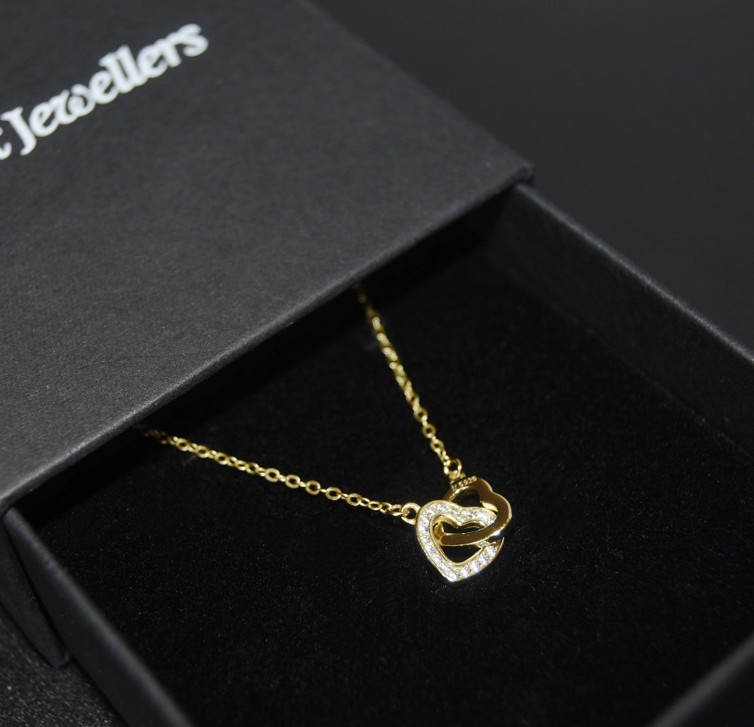 Gold Interlocking Womens Double Heart Diamond Pave Necklace Pendant Vermeil Rex Jewellers- Ark