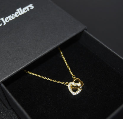 Gold Interlocking Womens Double Heart Diamond Pave Necklace Pendant Vermeil Rex Jewellers- Ark