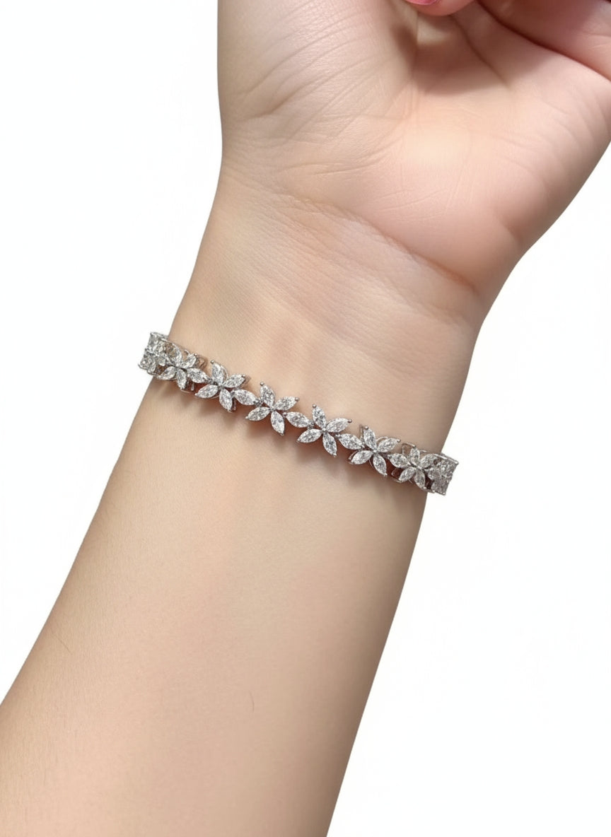 Floral Cluster Tennis Bracelet - 14k White Gold Silver Anniversary & Bridal Gift- Sprinkle
