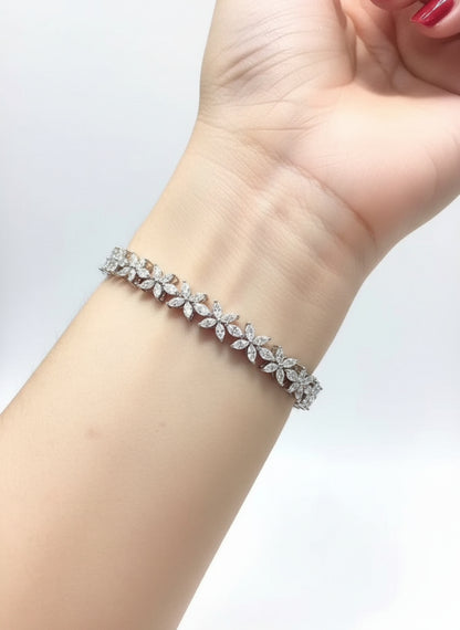 Floral Cluster Tennis Bracelet - 14k White Gold Silver Anniversary & Bridal Gift- Sprinkle