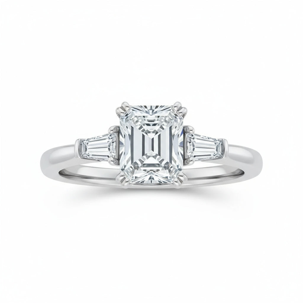 Princess Cut Shoulder Moissanite Ring - 14k White Gold on Silver