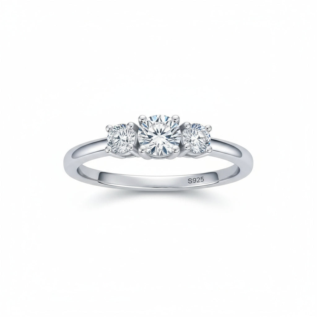 Three Stone Moissanite Diamond Ring - 14k White Gold on Silver