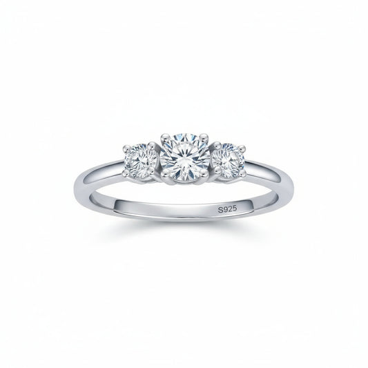 Three Stone Moissanite Diamond Ring - 14k White Gold on Silver