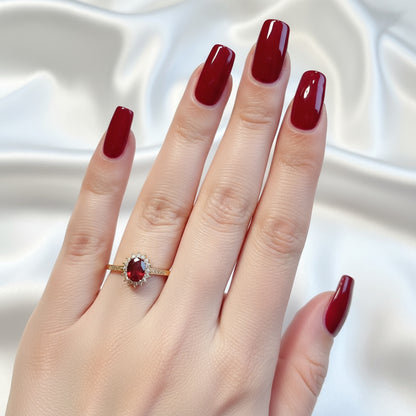 Ruby Cluster Oval Moissanite Diamond Ring - 14k Gold on Silver