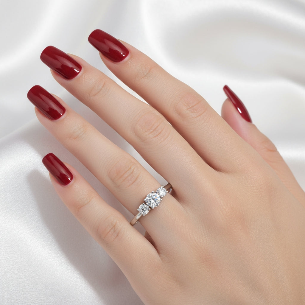 Three Stone Moissanite Diamond Ring - 14k White Gold on Silver