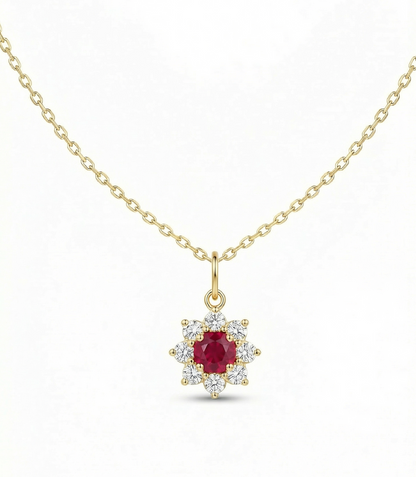 Ruby And Diamond Cluster Pendant Women’s Necklace
