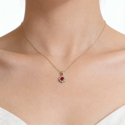 Ruby And Diamond Cluster Pendant Women’s Necklace