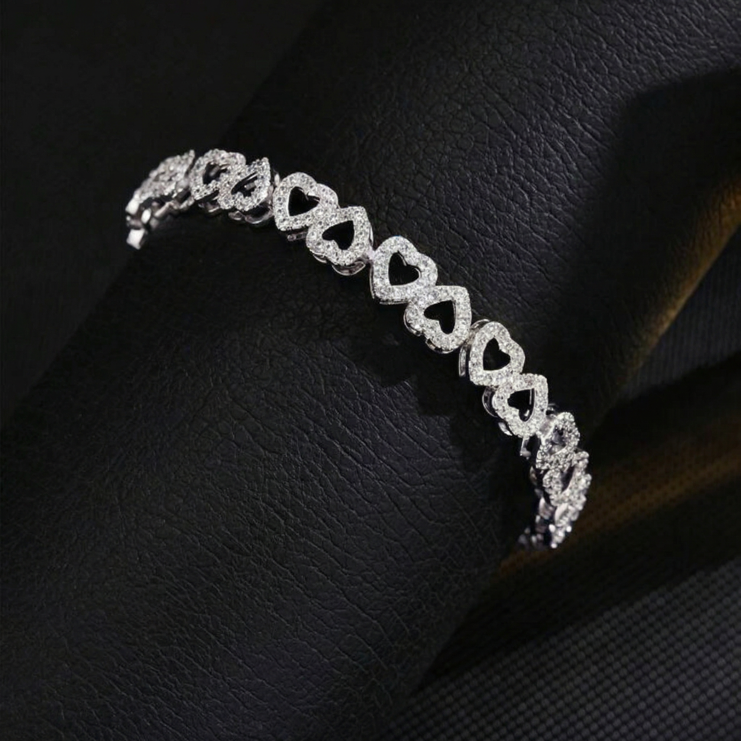 Heart Cluster Tennis Bracelet - 14k White Gold Silver Anniversary & Bridal Gift- Lover Girl