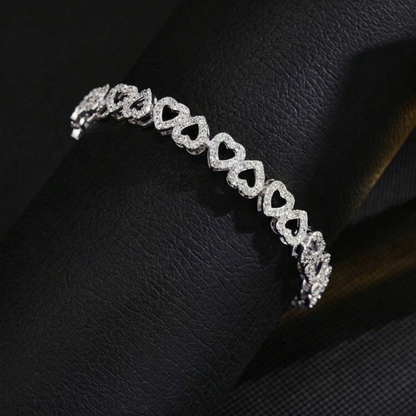 Heart Cluster Tennis Bracelet - 14k White Gold Silver Anniversary & Bridal Gift- Lover Girl