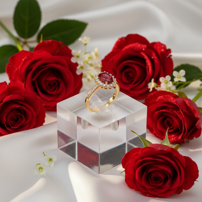 Ruby Cluster Oval Moissanite Diamond Ring - 14k Gold on Silver