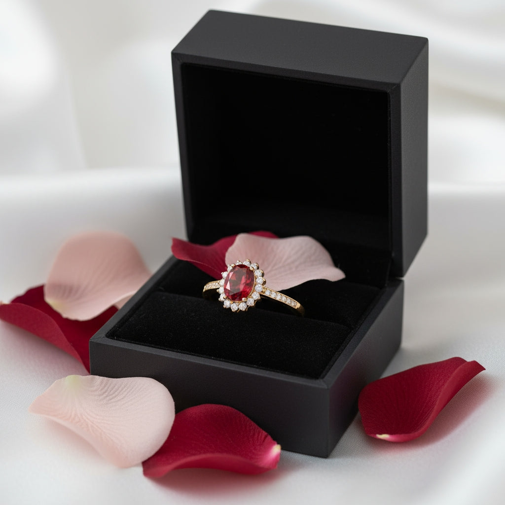 Ruby Cluster Oval Moissanite Diamond Ring - 14k Gold on Silver