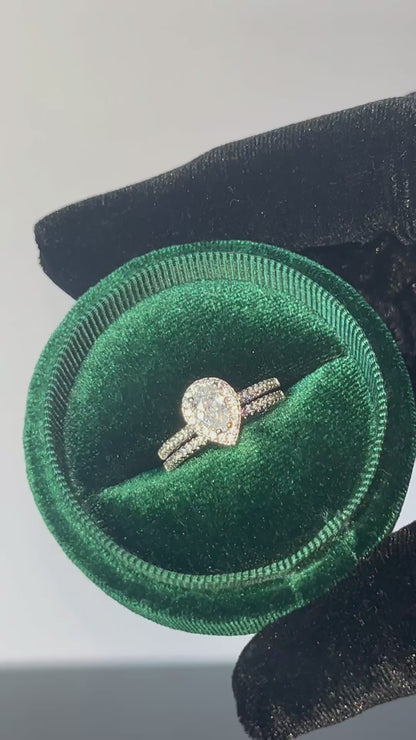 Pear Moissanite Halo Bridal Set - Engagement Ring Set - Royal